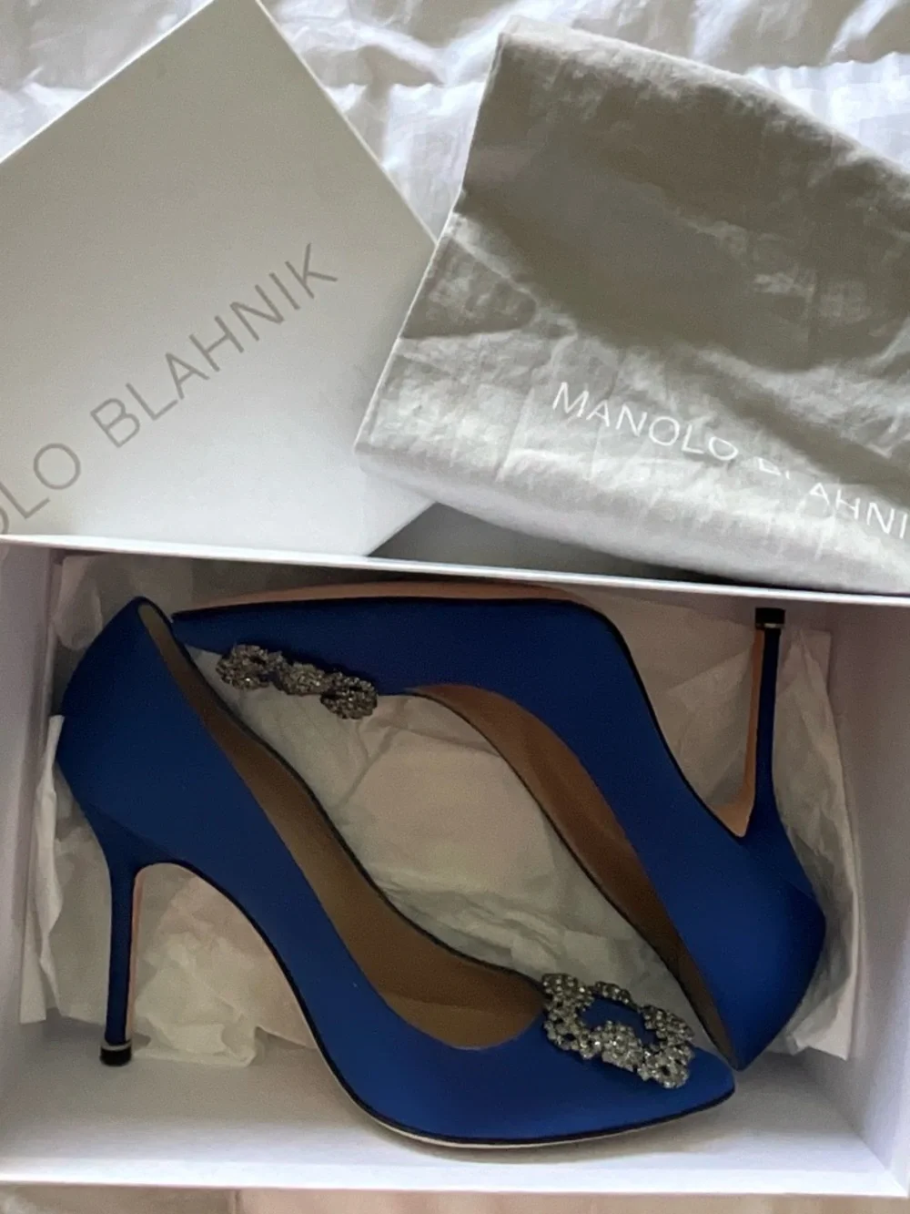Manolo Blahnik Royal Blue Satin Pointed-Toe Crystal Buckle Pumps